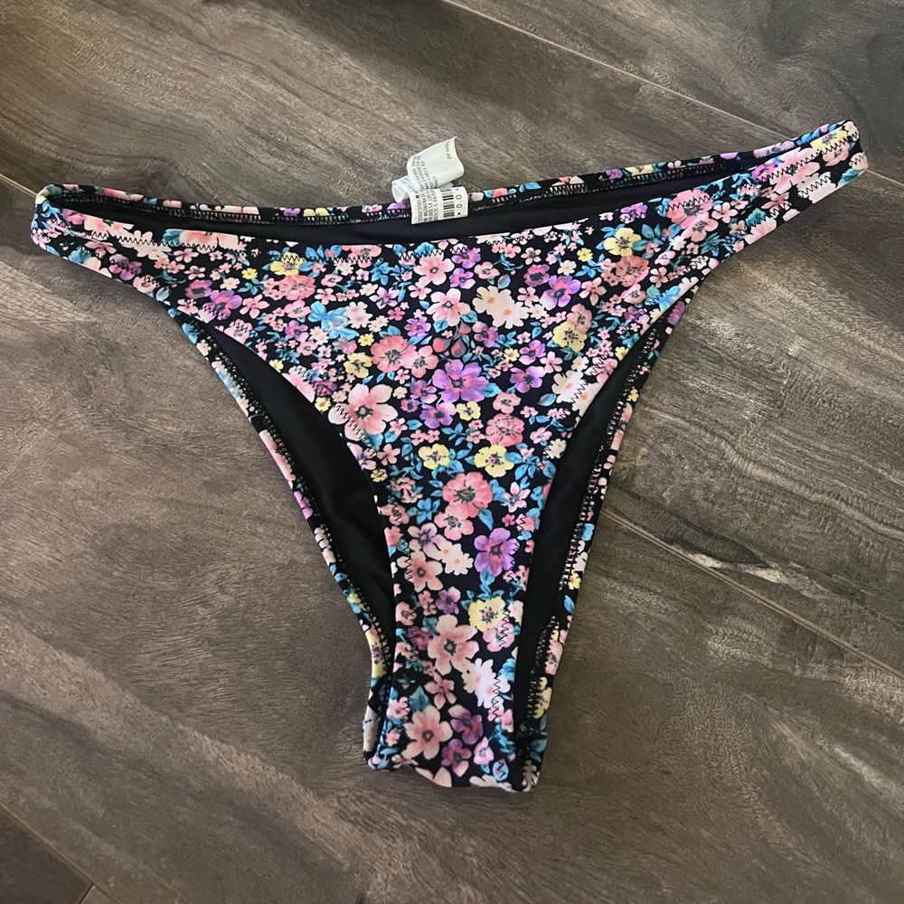 Forever 21 Black Purple Yellow Pink Floral High Cut Bikini Bottoms Size Medium
